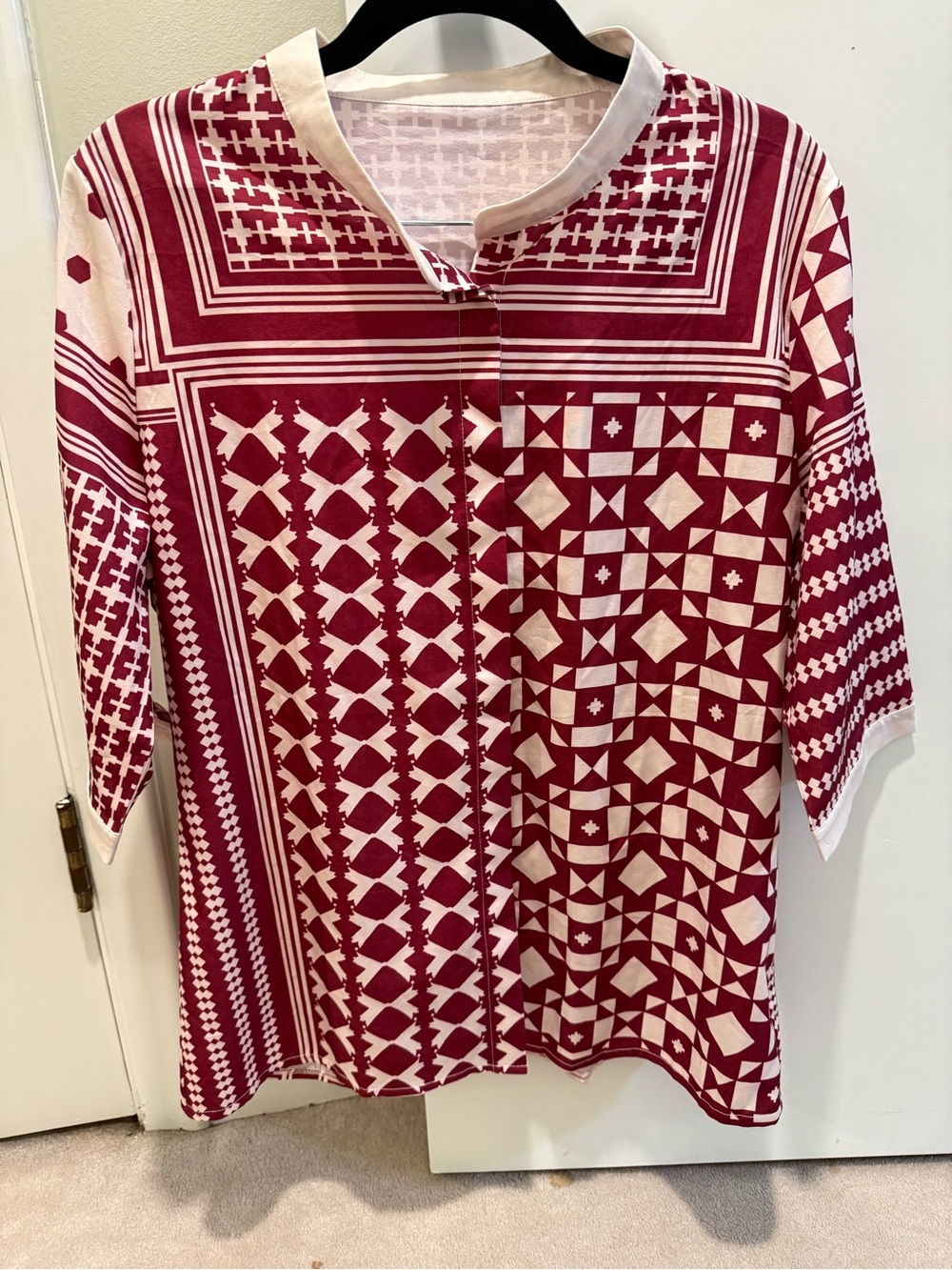Red and Cream Geometric Print Button-Front Blouse